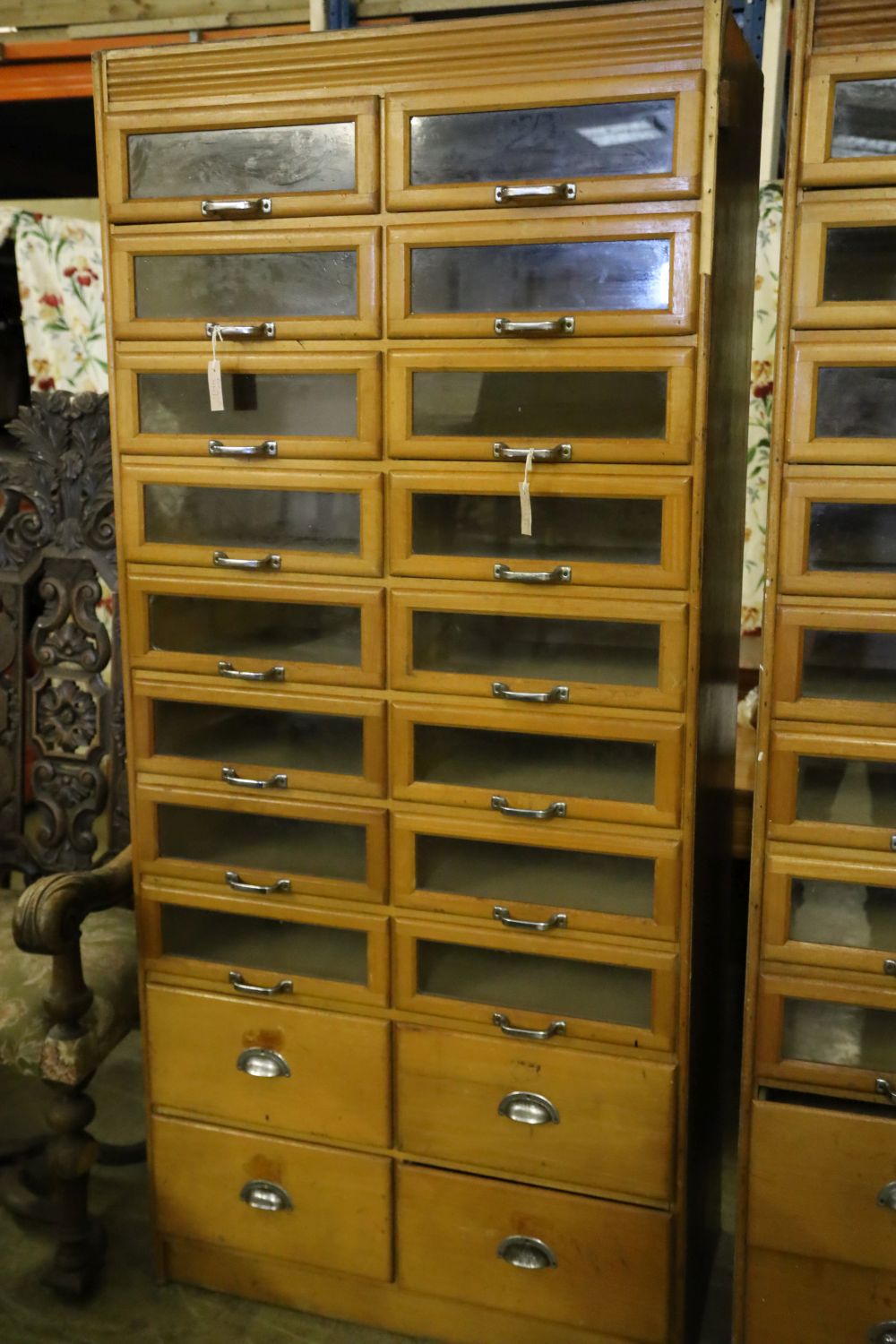 A pair of mid 20th century haberdashery cabinets, width 90cm depth 46cm height 199cm